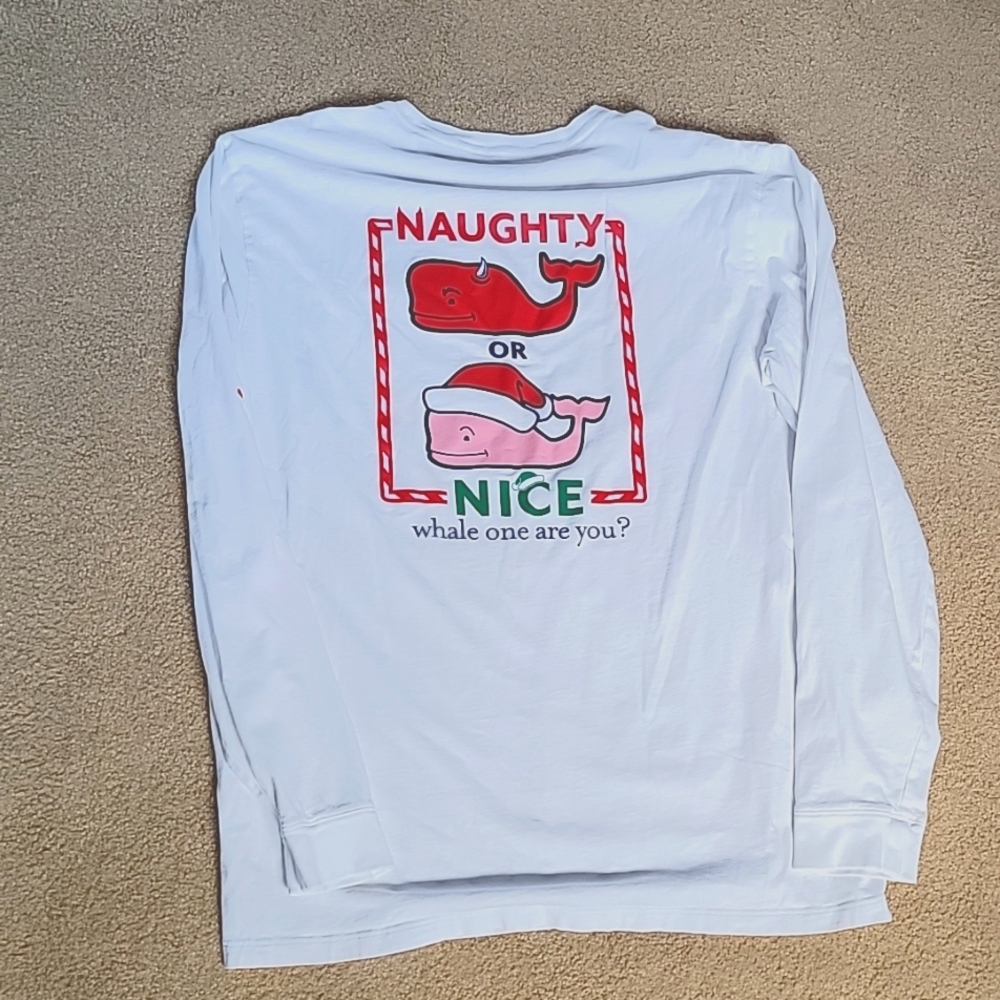 Vineyard Vines Naughty or Nice Whale Long sleeved men's t-shirt Med Very white